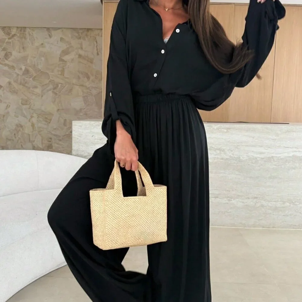 Black Casual Women's Front Button Loose Shirt & Pants Set